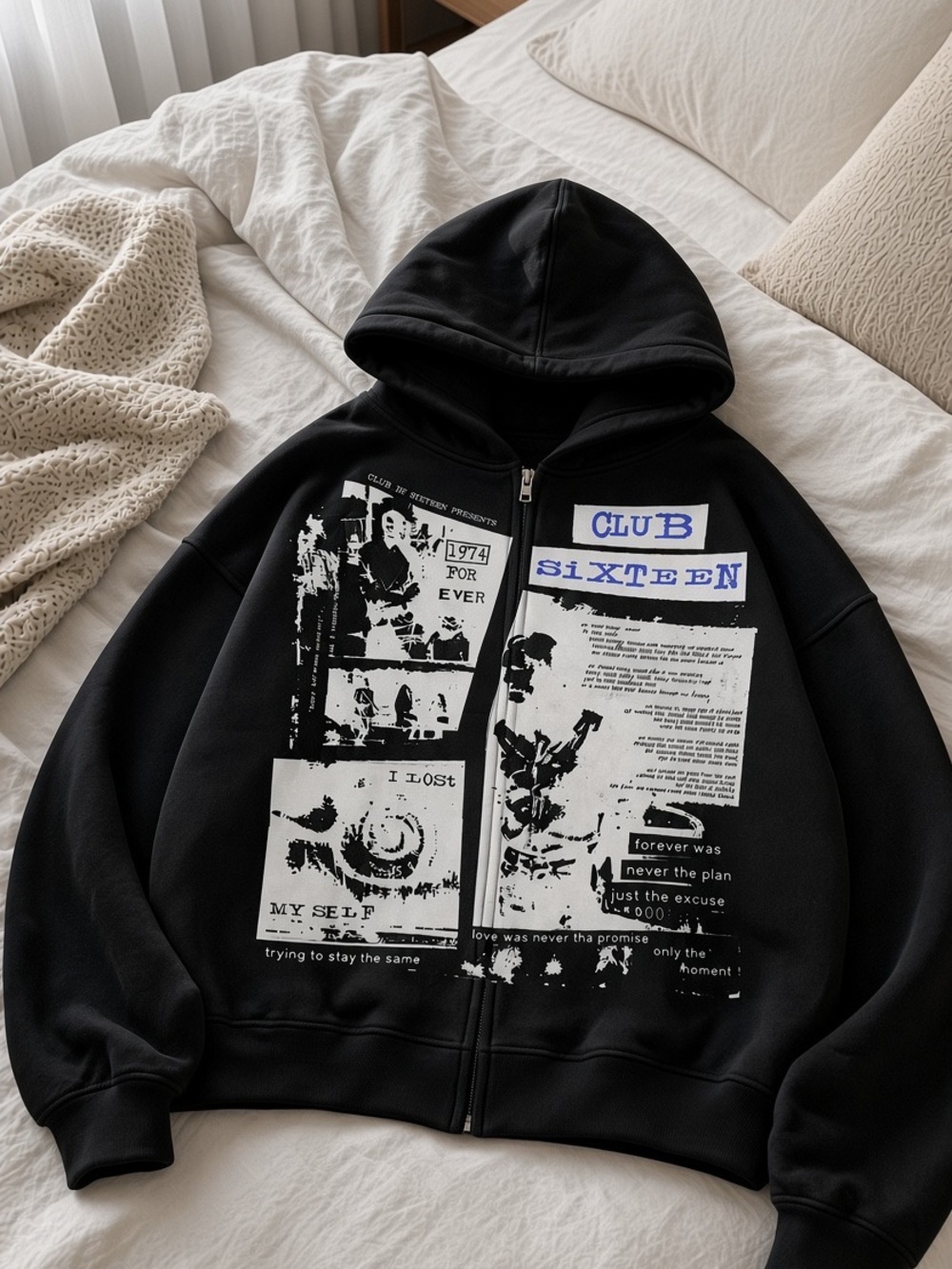 Black Graphic Zip-Up Hoodie